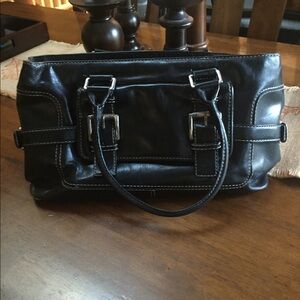 Michael Kors Black Leather Satchel with Silver Buckle Accents